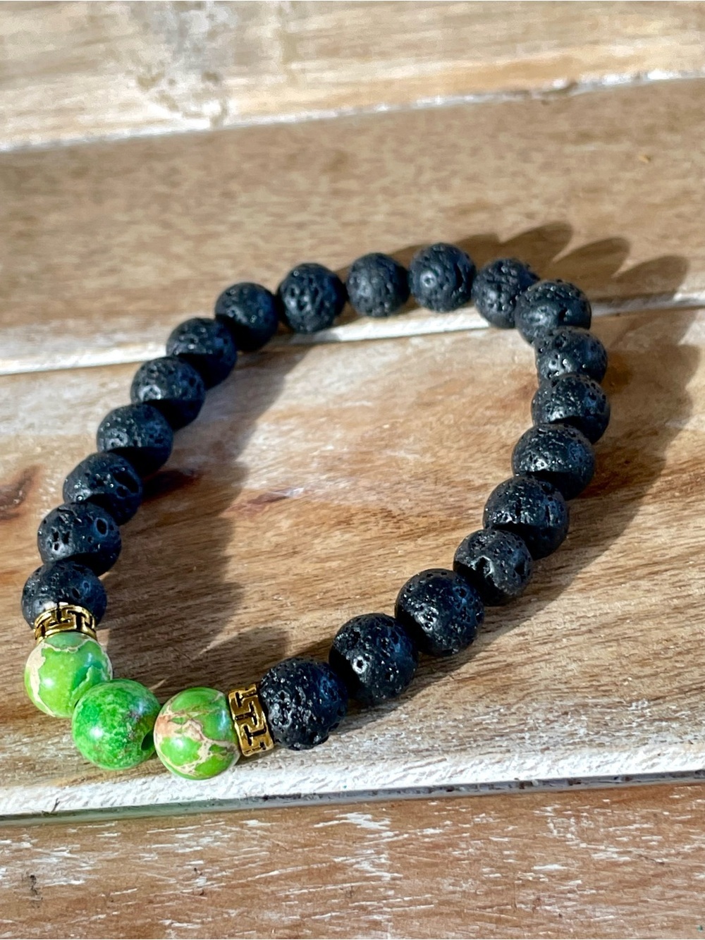 Handmade for Black Lava Bead Bracelet with Green Accent Beads
